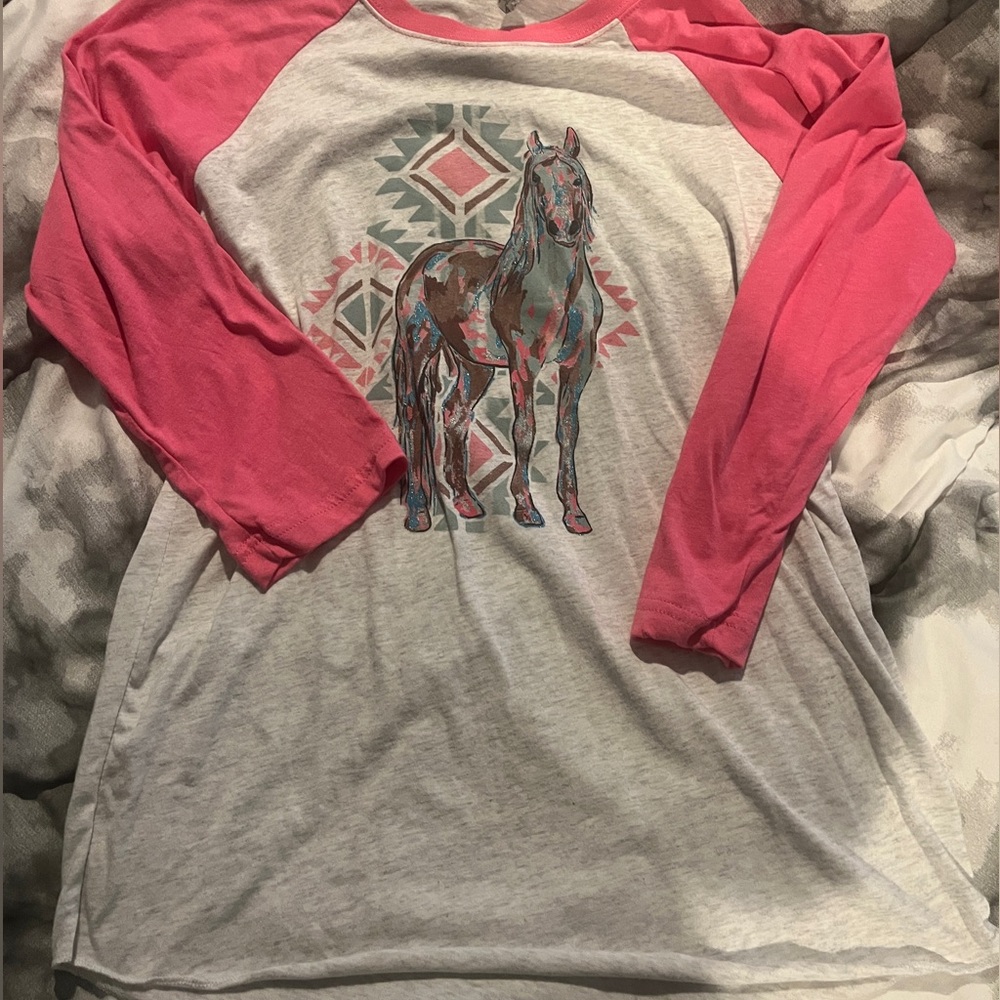 Pink and gray baseball tee with horse and Aztec design